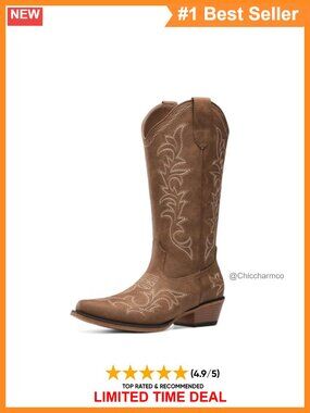 Faux Leather Cowboy Boots Block Heel Embroidered Western Mid-Calf